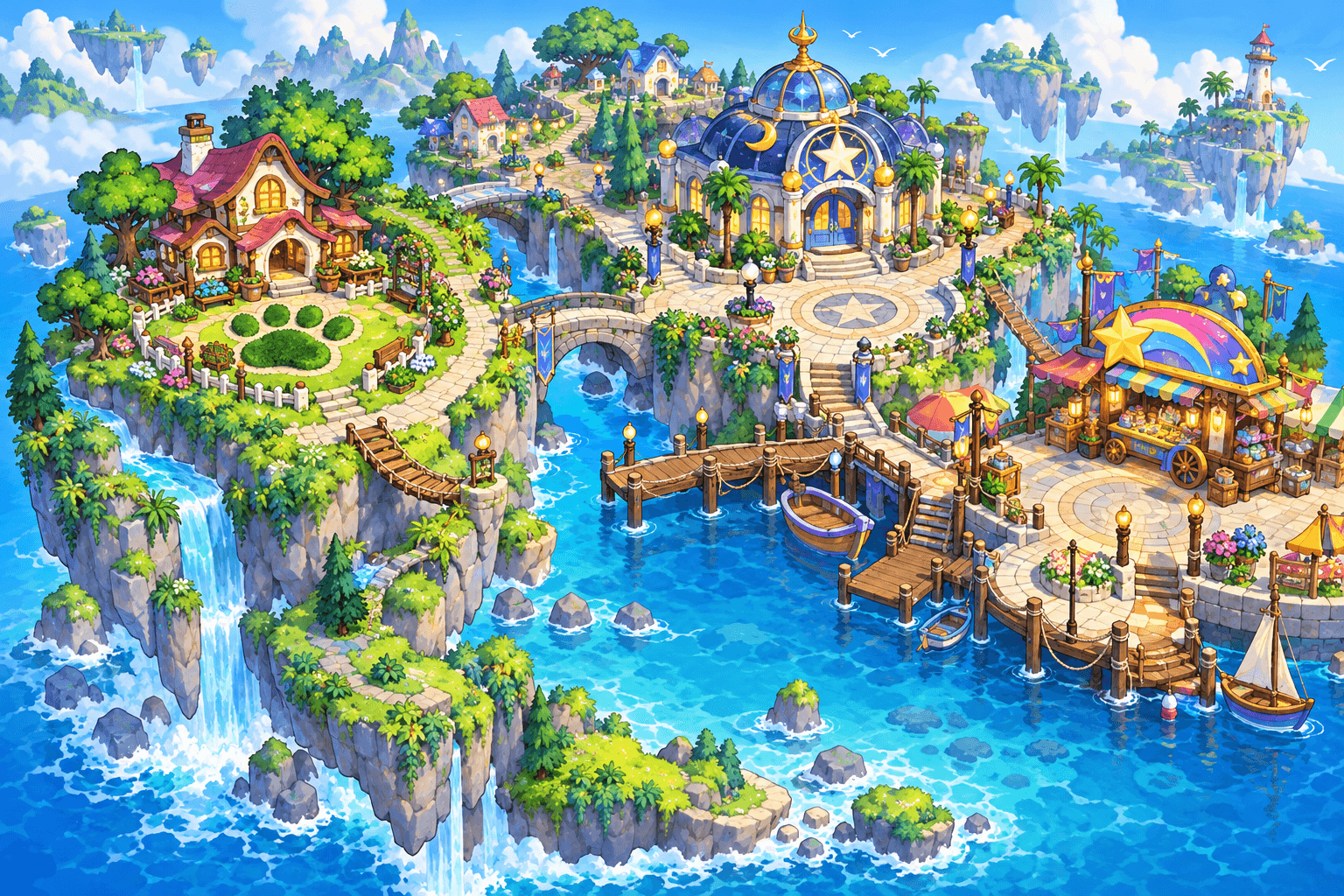 Illustrated map of Brightbay with a pet lodge, moon arcade, and harbour market